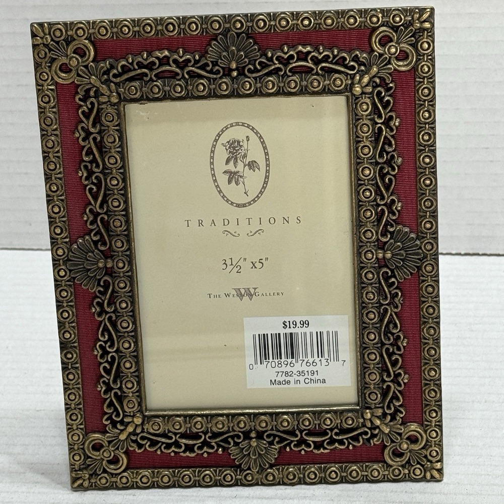 Ornate Antique Brass Color Metal Photo Frame Red Burgundy Trim Weston Gallery